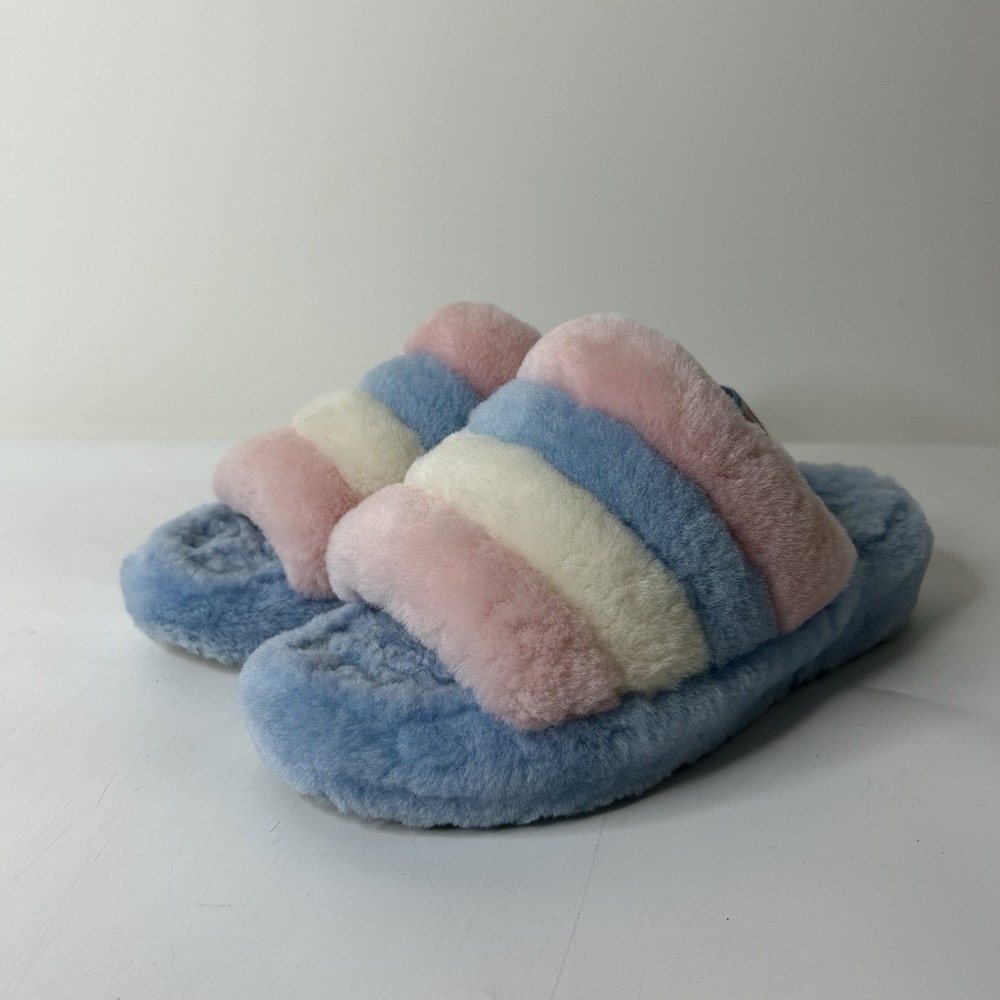 UGG Slippers Women's 7 Fluff Yeah Slide Pride Stripe Blue Pink White